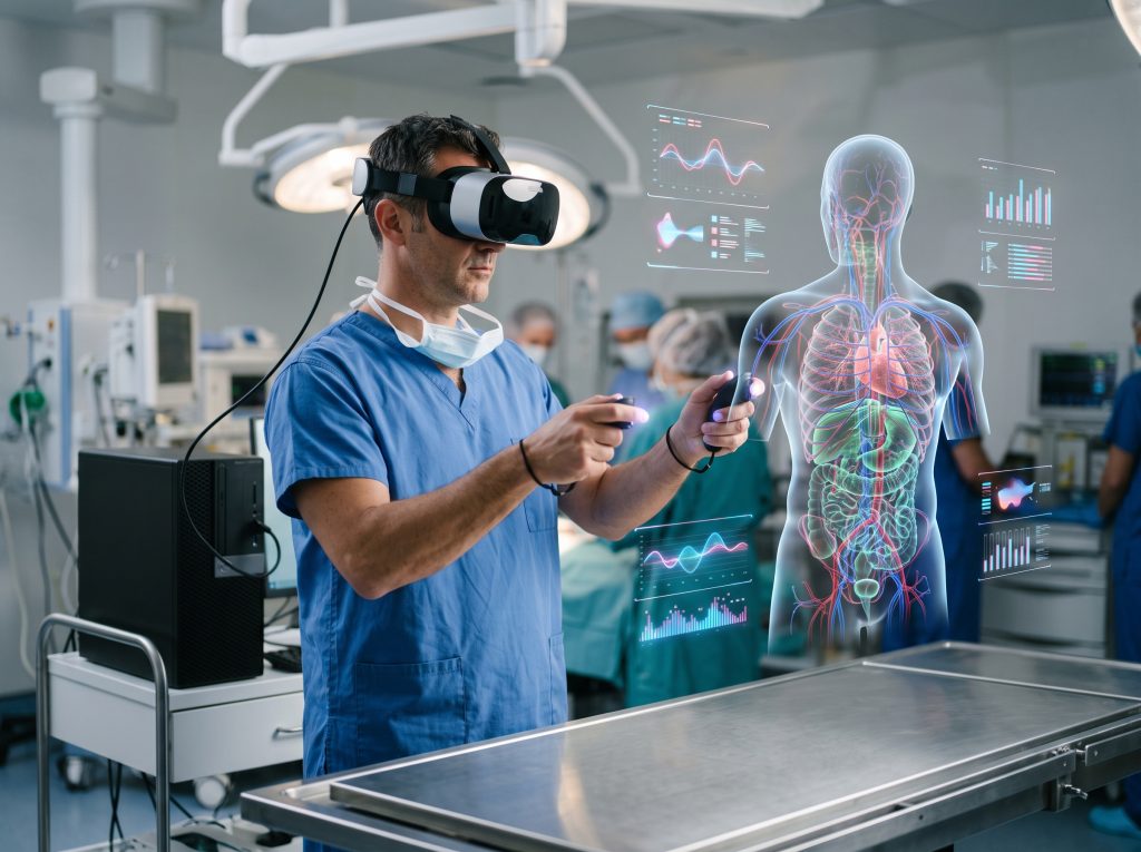 מנתח מבצע ניתוח וירטואלי באמצעות משקפי VR, בסביבת אימון רפואית מתקדמת.
