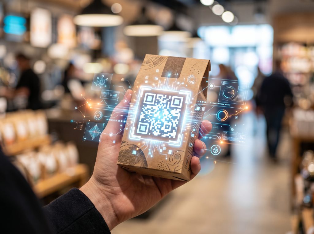 יד סורקת אריזת מוצר עם קוד QR או שבב NFC, המדגימה את המעבר ממוצר פיזי למידע דיגיטלי אינטראקטיבי.